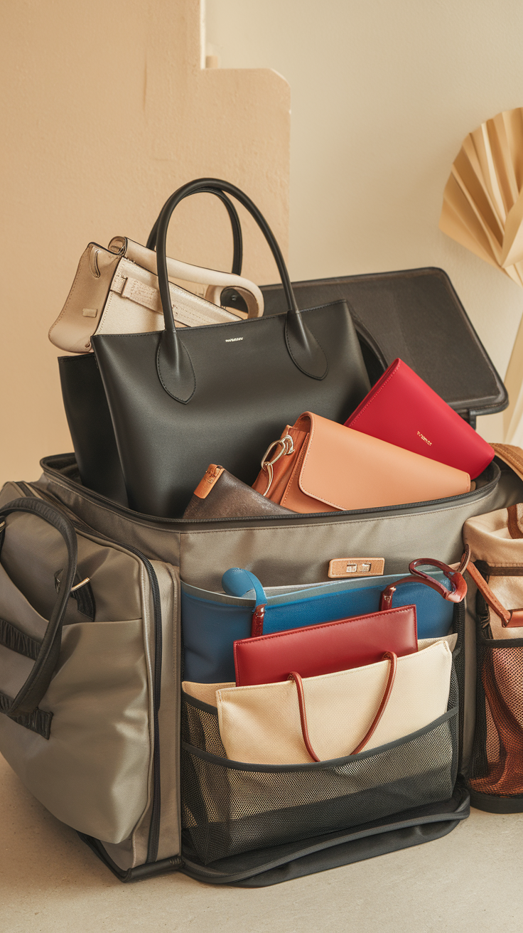 A stylish travel bag filled with various organized handbags, showcasing practicality and style.