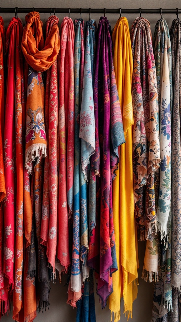 A vibrant display of colorful scarves hanging in various patterns and textures.