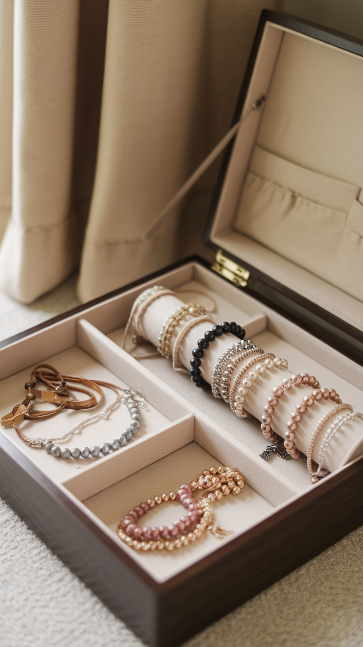 Jewelry organization storage box with various bracelets and necklaces neatly arranged.