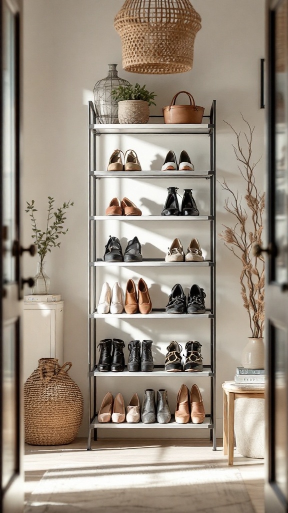 A stylish shoe rack displaying various pairs of shoes in a well-decorated room.