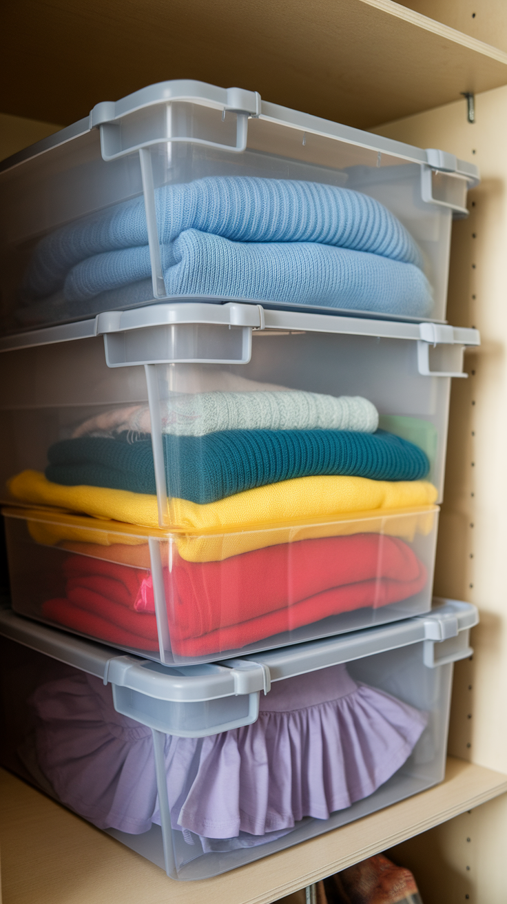 Clear storage bins filled with neatly folded clothes stacked in a closet.