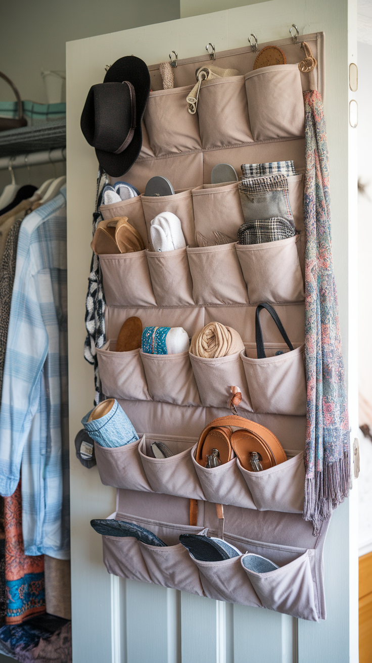 An over-the-door organizer filled with various clothing items and accessories.