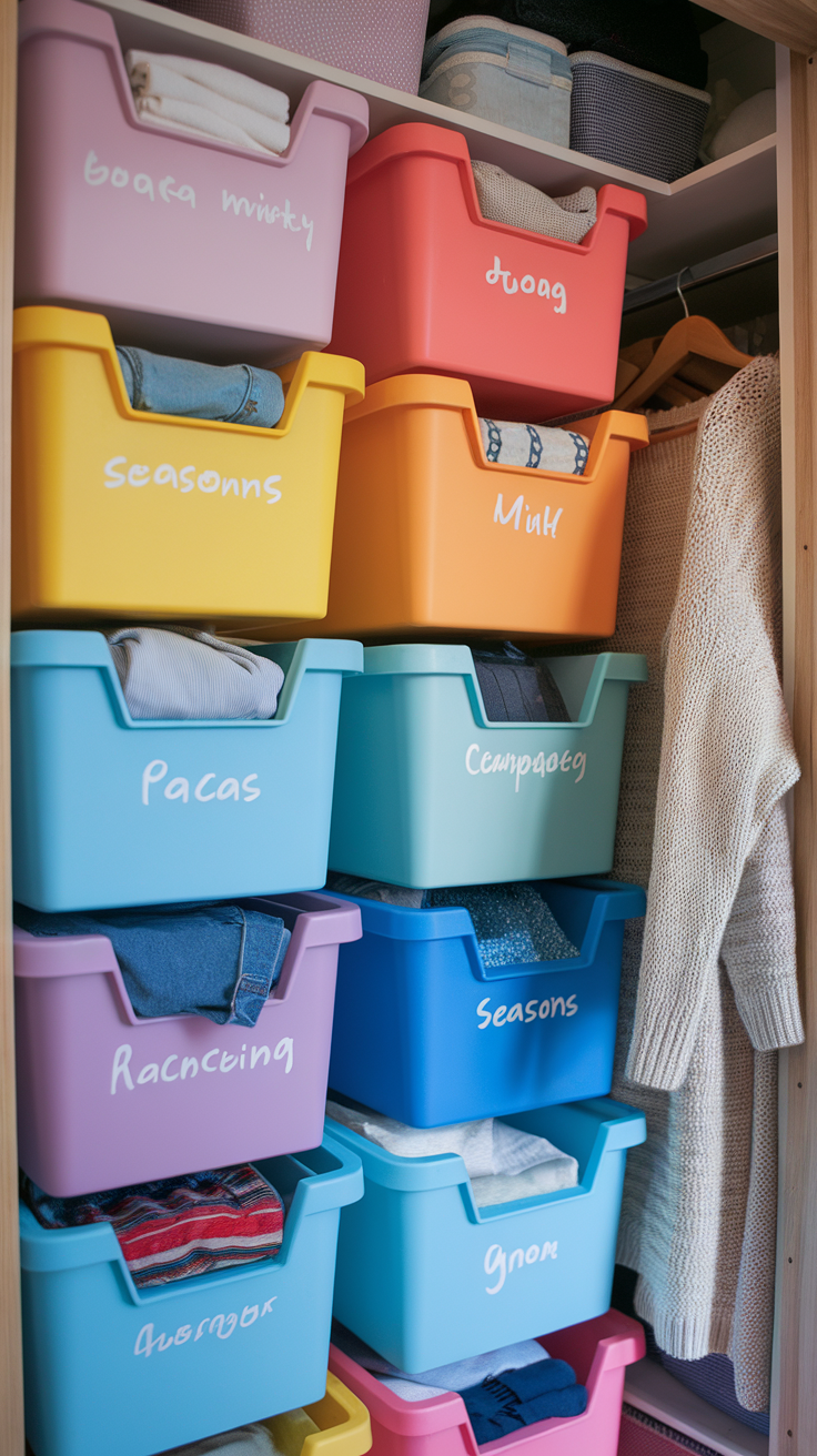 Colorful seasonal storage bins filled with clothes in a closet