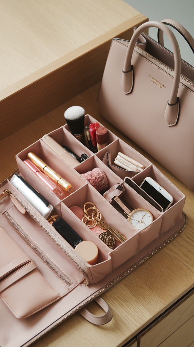 A stylish purse organizer with compartments holding various cosmetics and accessories next to a chic handbag.