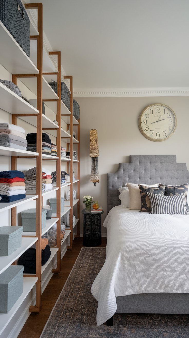 A well-organized bedroom featuring vertical shelving with neatly stacked clothes and decorative baskets.