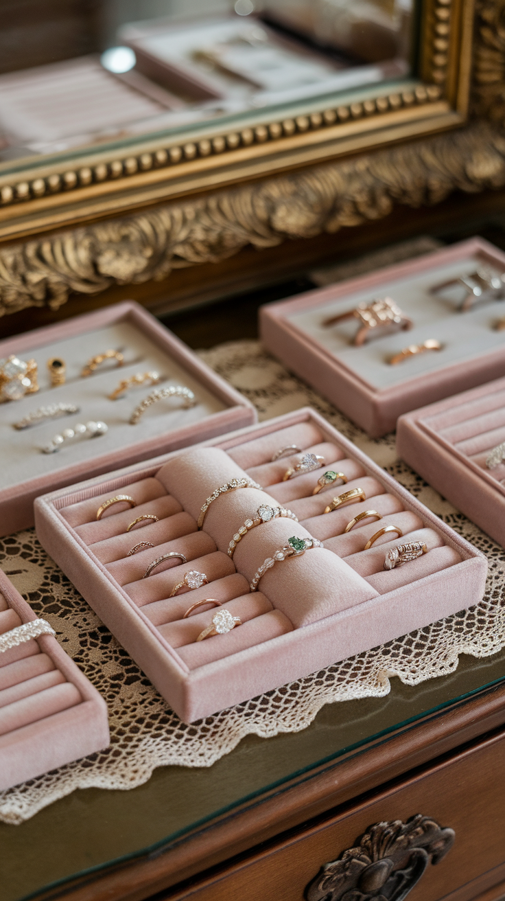 A close-up view of jewelry arranged in velvet-lined trays showcasing rings and other accessories.