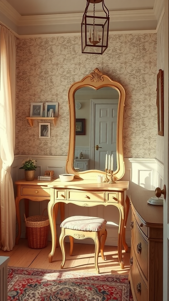 A vintage-inspired dressing area featuring a wooden vanity, a large mirror, and soft lighting.