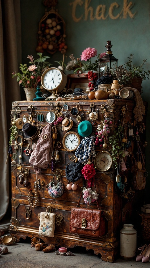 A vintage chest overflowing with various fashion accessories, including jewelry and decorative items.