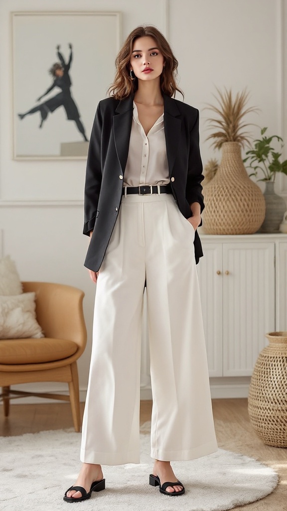A stylish woman wearing wide-leg culottes and a tailored top, showcasing an elegant fashion look.