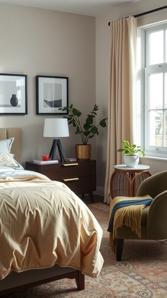 A cozy bedroom featuring an accent chair, a bedside table, and soft bedding.
