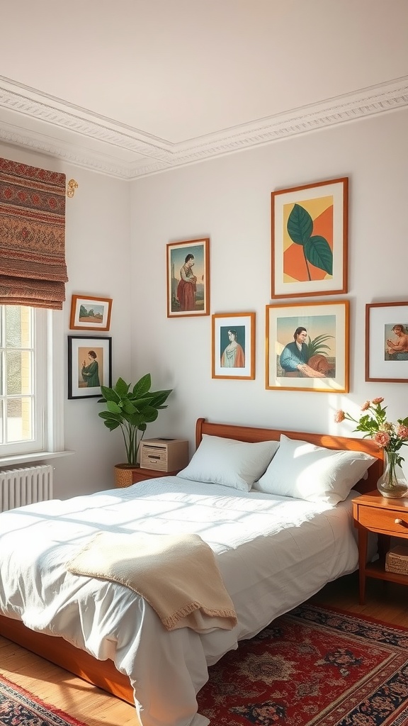 A cozy bedroom featuring a bed, artwork on the walls, and a plant, showcasing personal expression in decor.