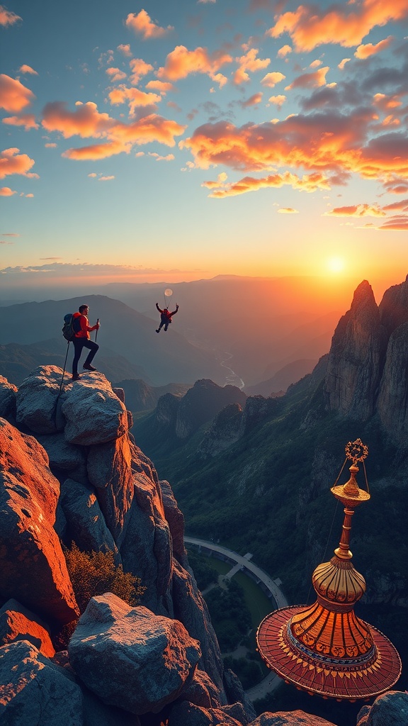 A scenic view of a person hiking on a rocky cliff during sunset, with another person paragliding in the background.