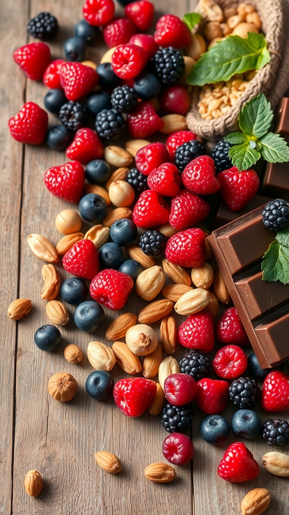 A mix of fresh berries, nuts, and dark chocolate arranged on a wooden surface