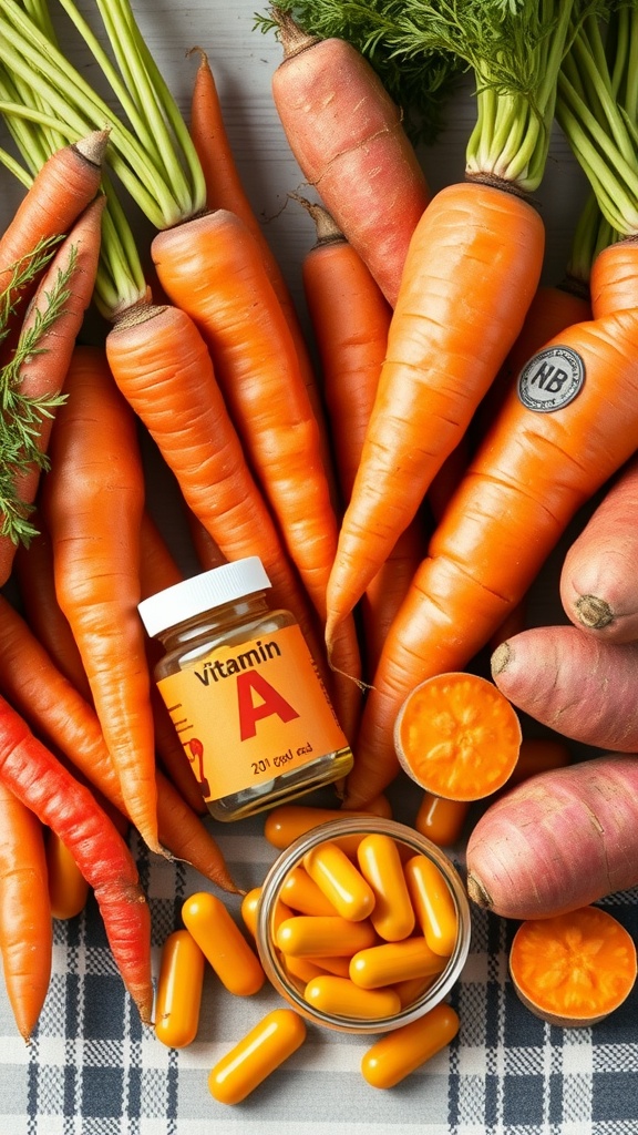 A variety of carrots, sweet potatoes, and vitamin A supplements on a checkered tablecloth.