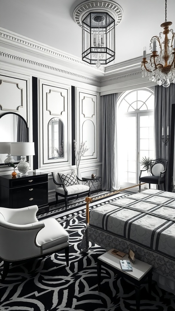 A stylish black and white bedroom with Art Deco accents, featuring elegant furniture and geometric patterns.