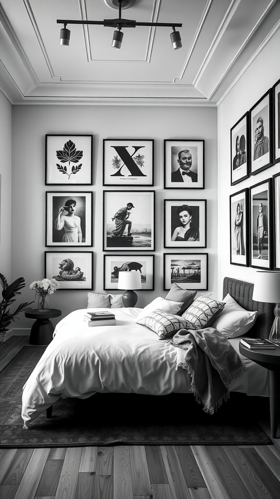 A cozy black and white bedroom with an art gallery wall featuring various framed artworks.