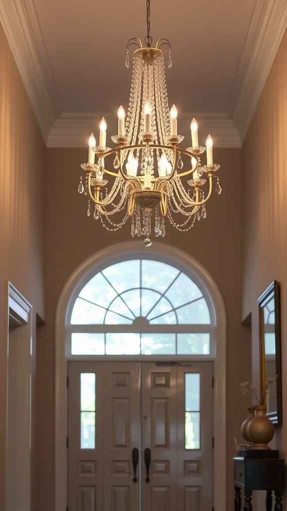 A grand chandelier hanging in an entryway with double doors.