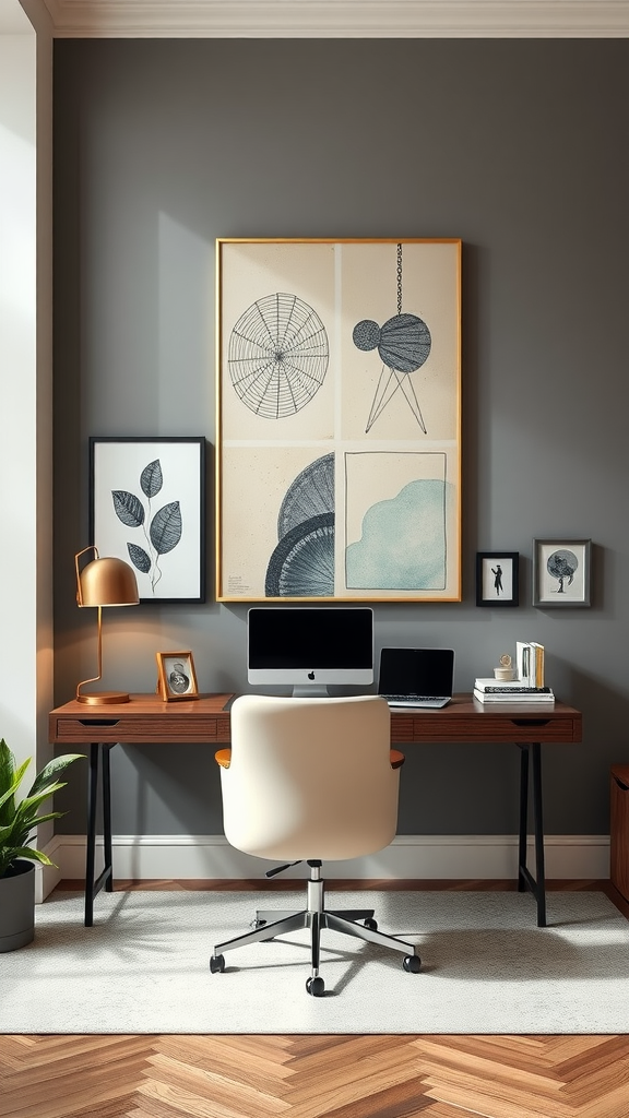 A vibrant home office wall featuring various framed quotes and art pieces.