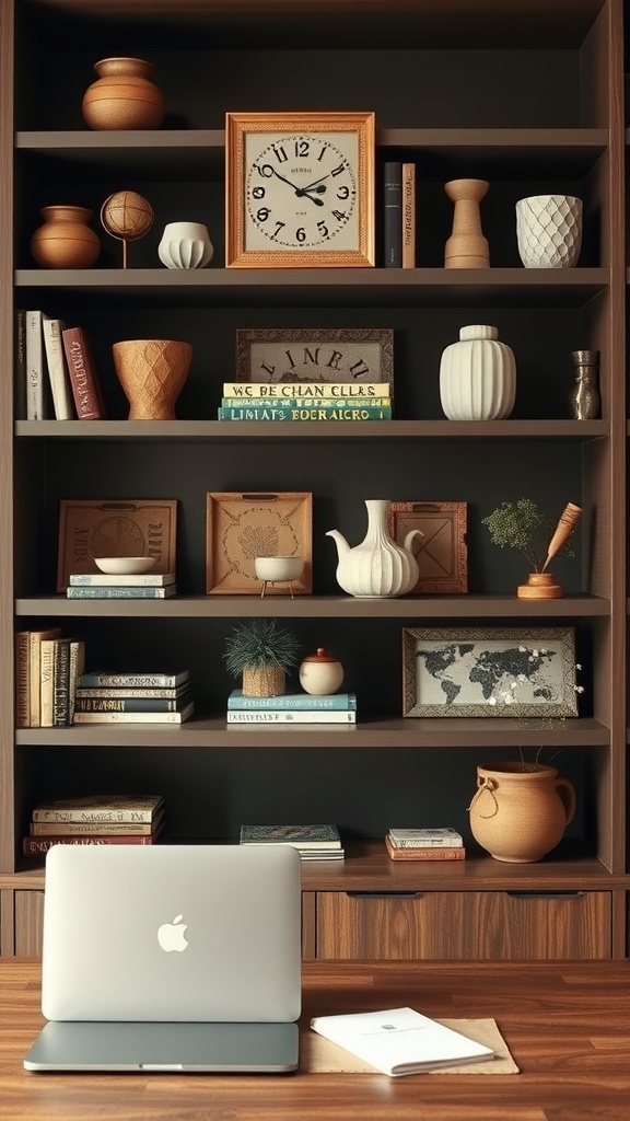 A stylish home office shelf with artisanal decor pieces, including vases, books, and a clock.