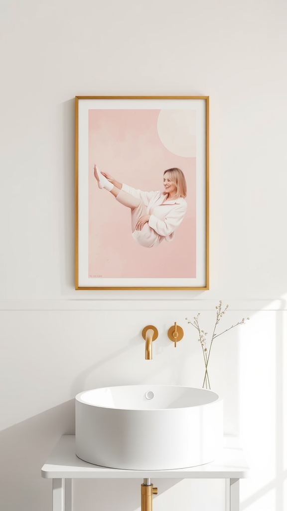 Artistic light pink abstract artwork in a minimalist bathroom setting.