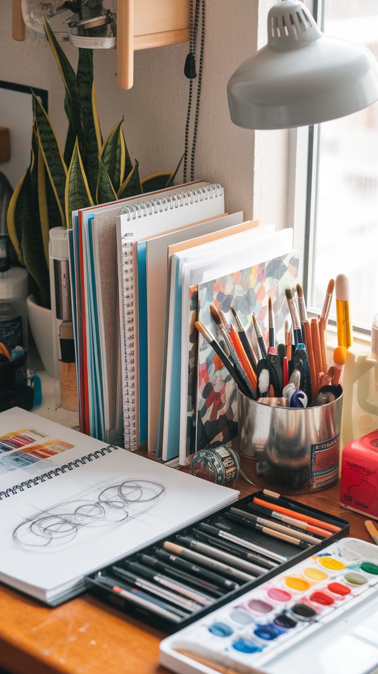 A creative dorm desk featuring organized artistic supplies including sketchbooks, colored pencils, and watercolor paints.
