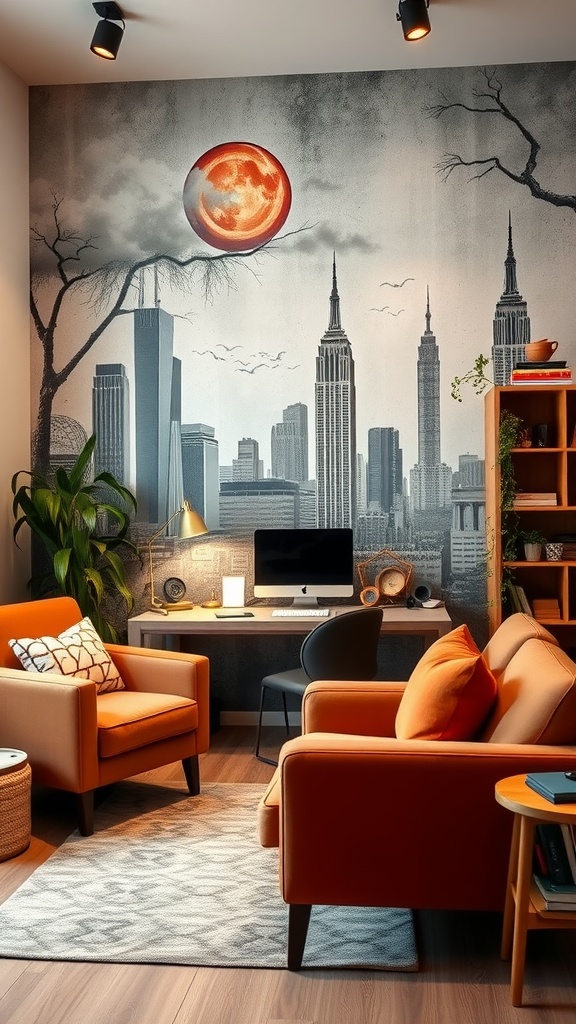 A sitting room office combo featuring an artistic wall mural with a city skyline and a large red moon.