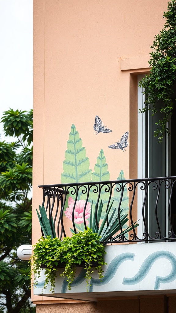 A balcony with a coral wall featuring a mural of green leaves and butterflies, surrounded by plants.
