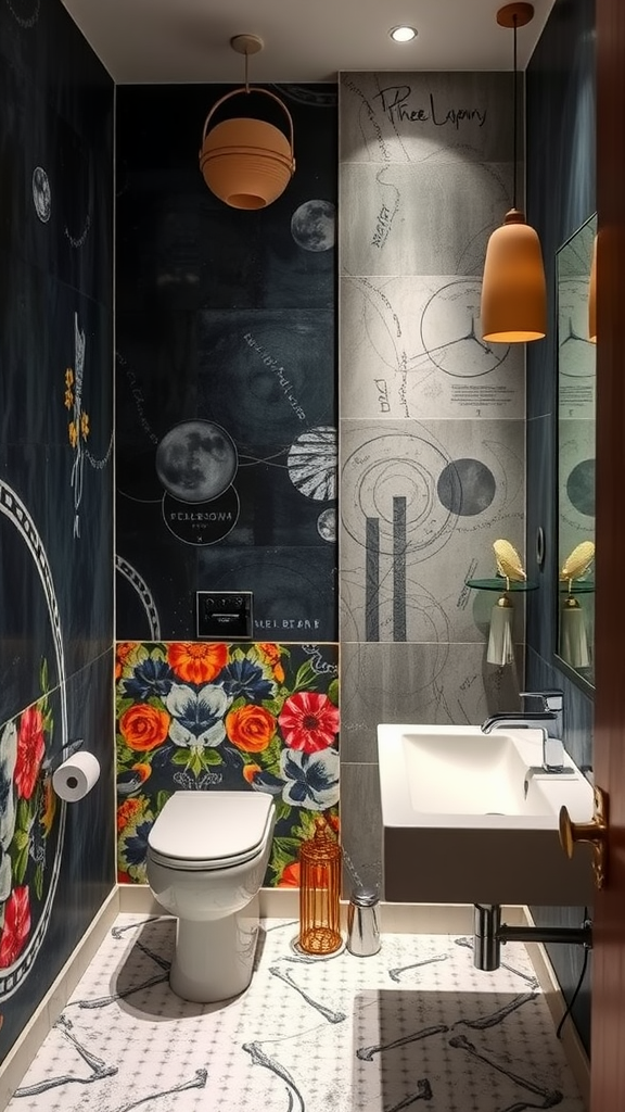 A chic bathroom featuring bold, artistic wall treatments with unique typography and a round mirror.