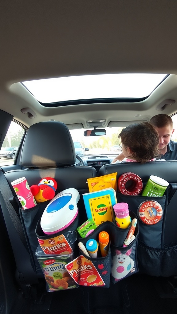 Backseat organizer filled with kids' toys and snacks.
