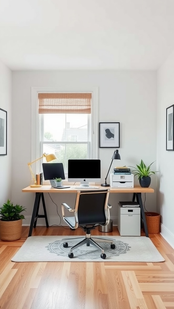 A stylish and organized home office featuring a wooden desk, a black chair, a computer, and decorative plants.