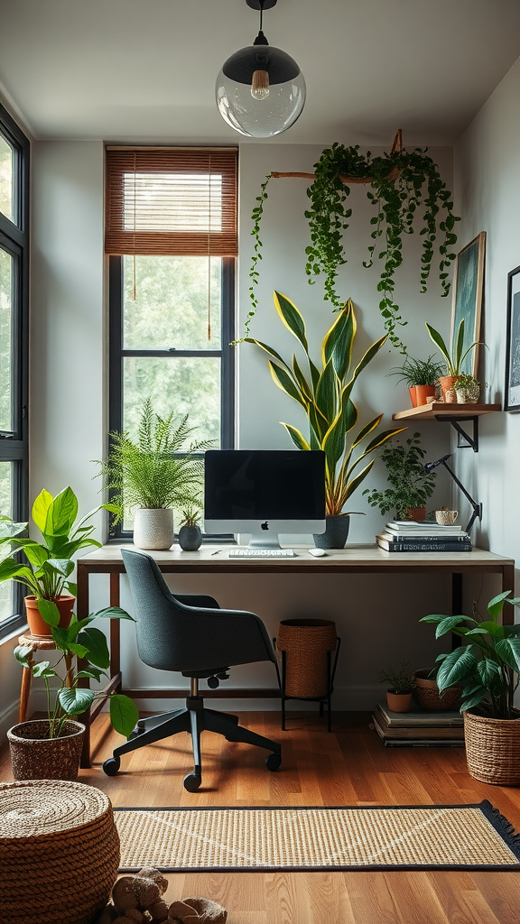 A modern home office filled with various indoor plants and natural light.