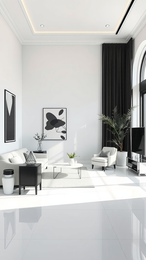 A modern interior featuring a black ceiling, white walls, and minimalist furniture.