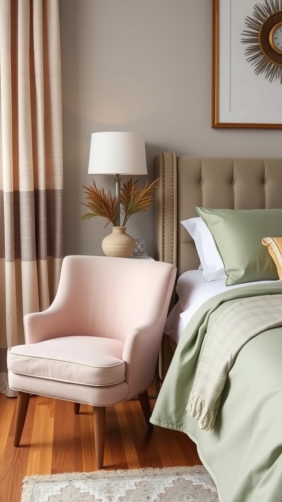 Blush pink accent chair in a cozy bedroom setting with sage green bedding.