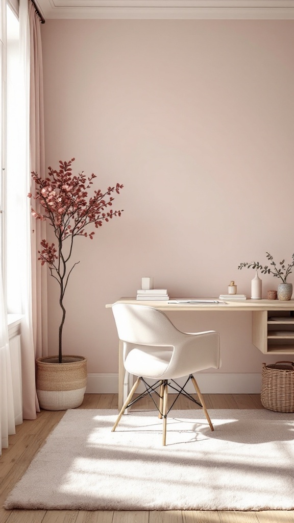 A bright and airy home office featuring blush pink walls, a light wooden desk, and soft decor.