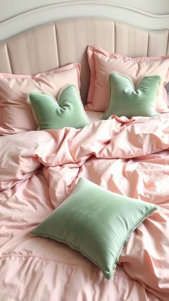 Blush pink bedding with sage green pillows on a bed.
