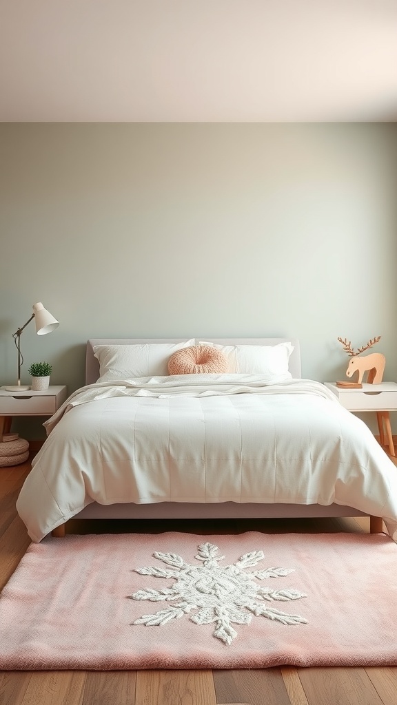 A cozy bedroom featuring a blush pink rug with a floral design.