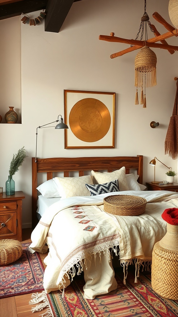 Boho bedroom featuring gold accented artwork, cozy bedding, and natural textures.