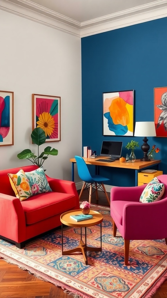 A stylish sitting room office combo with bold blue walls and colorful furniture.