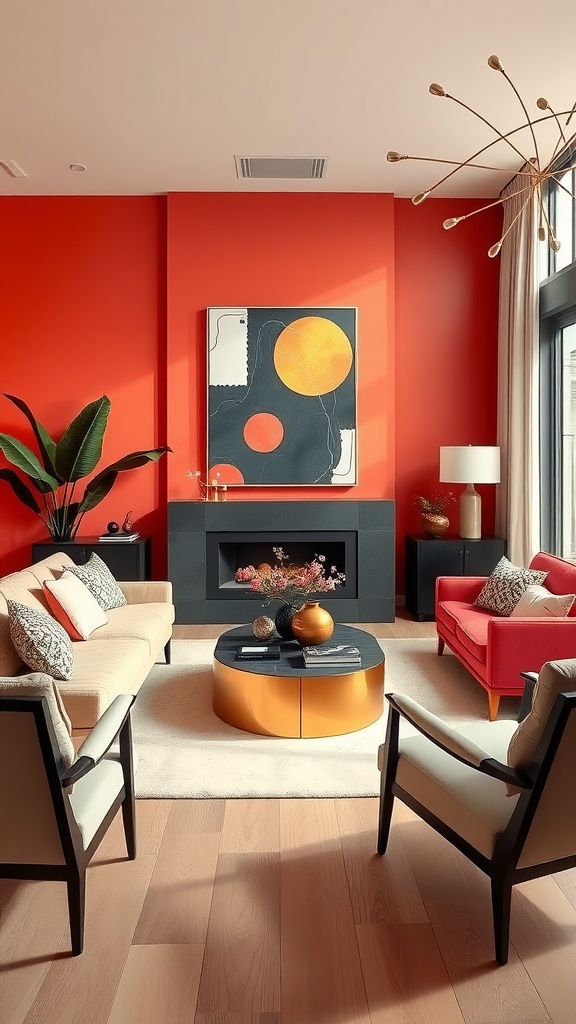 A living room with bold red walls, elegant furniture, and a stylish coffee table.