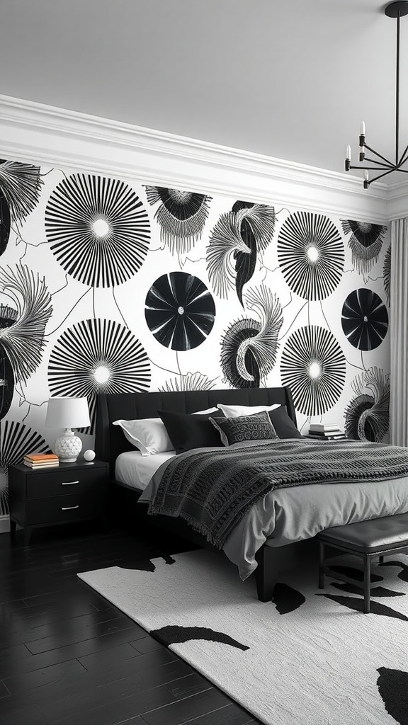 A modern black and white bedroom featuring bold graphic wall patterns.