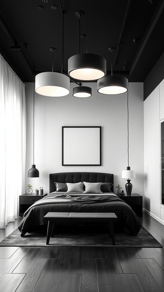 A modern black and white bedroom featuring bold lighting fixtures