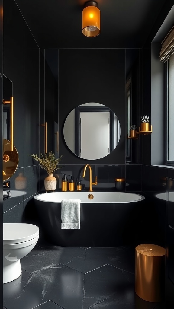 A modern bathroom featuring a monochromatic scheme in dark tones with a white bathtub.