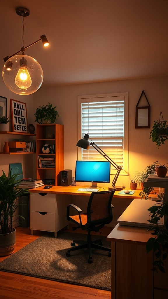 A cozy and well-lit home office featuring a stylish light fixture and a desk with a computer.