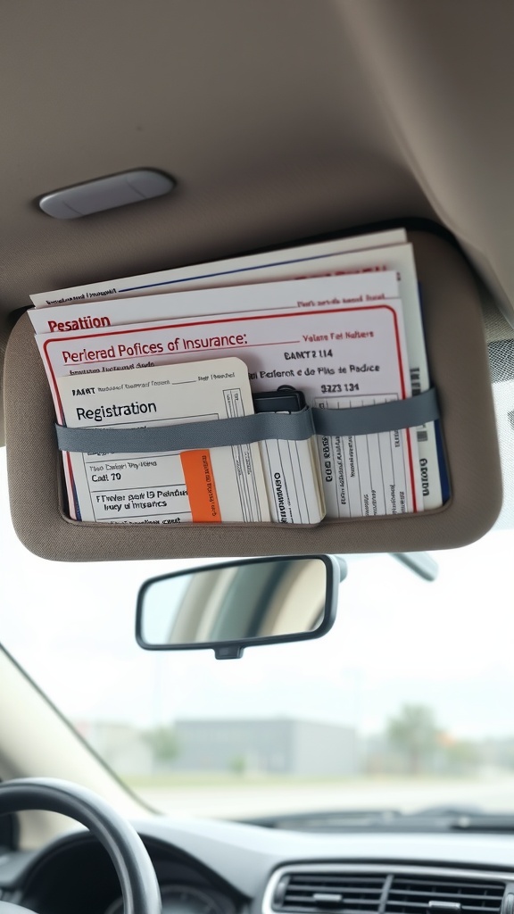 Car visor organizer holding important documents such as insurance and registration papers.