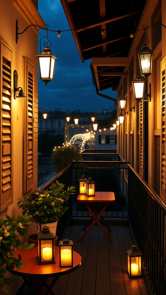 A beautifully decorated balcony with lanterns glowing softly in the evening.