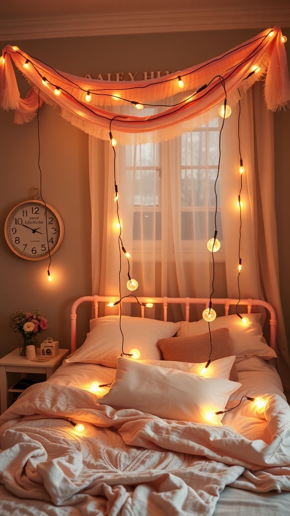 Cozy bedroom with light pink decor and string lights