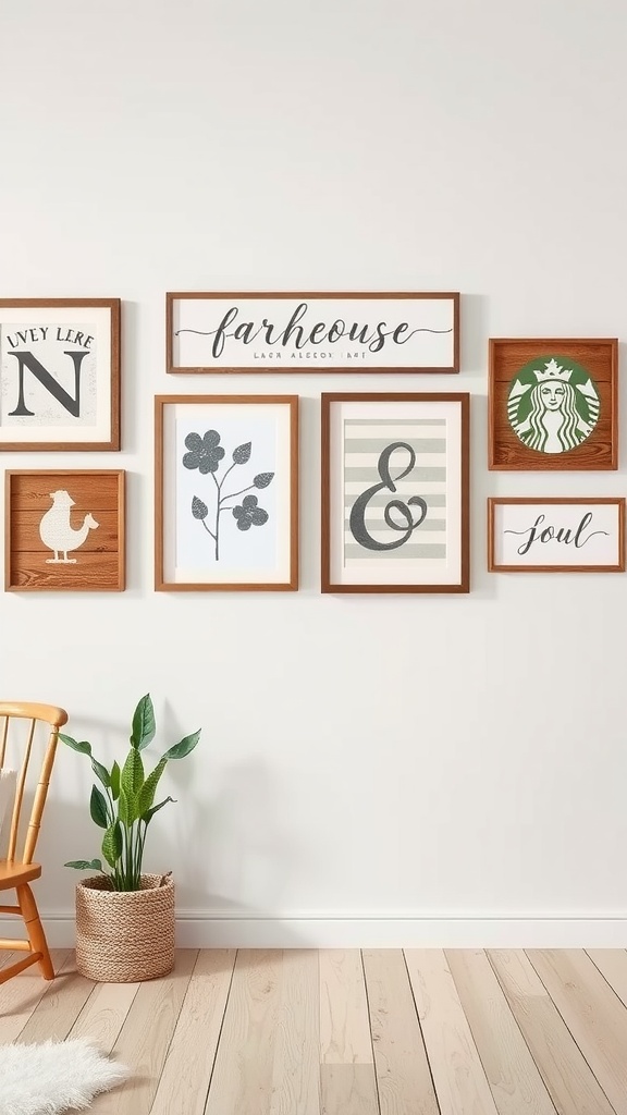 Charming wall decor with various framed artworks in a cozy workspace