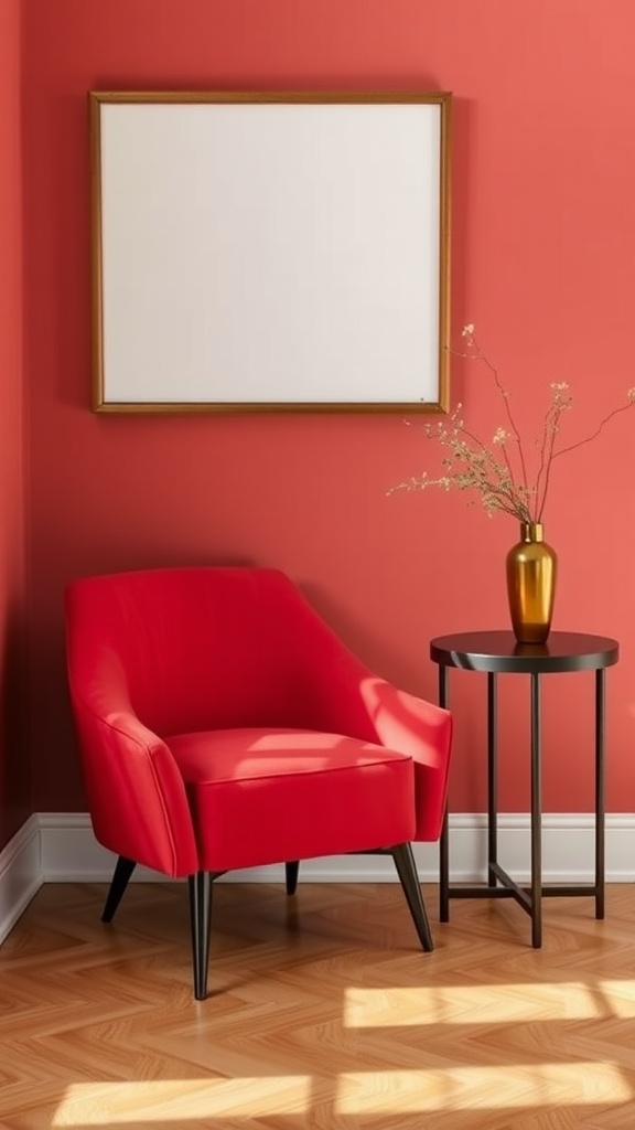 A cherry red accent chair next to a black side table in a cozy corner.