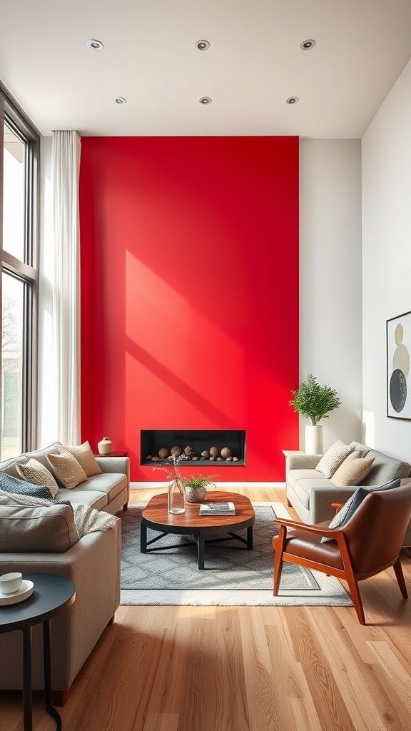 Living room featuring a cherry red accent wall with modern furniture