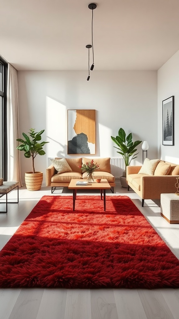 Cozy interior showcasing a cherry red area rug on light wooden flooring.